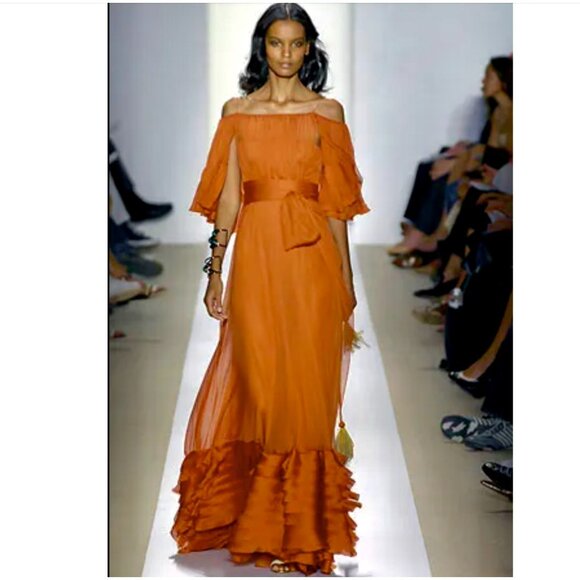 J. Mendel long dress gown sz 6 tassels train off shoulder Sp 2008 - Picture 4 of 16